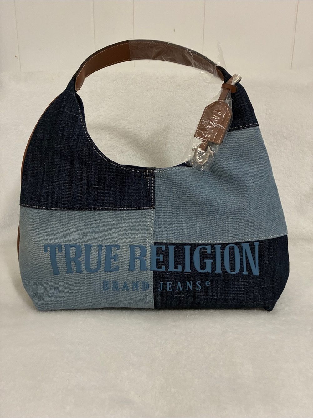 True Religion Two-Tone Patchwork Denim Hobo Bag - Light Blue & Dark Blue